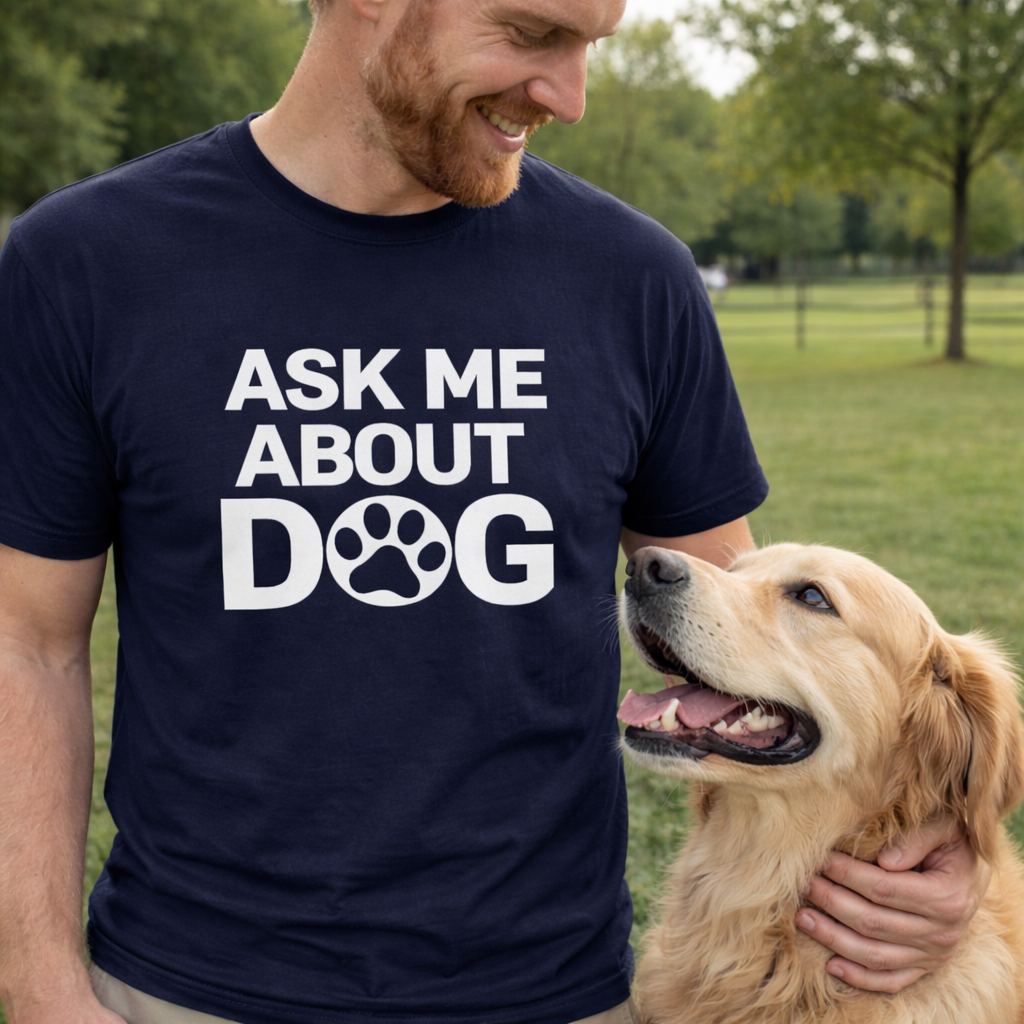 Ask Me About Dog T-Shirt — Funny Dog Lover Tee with Paw Print