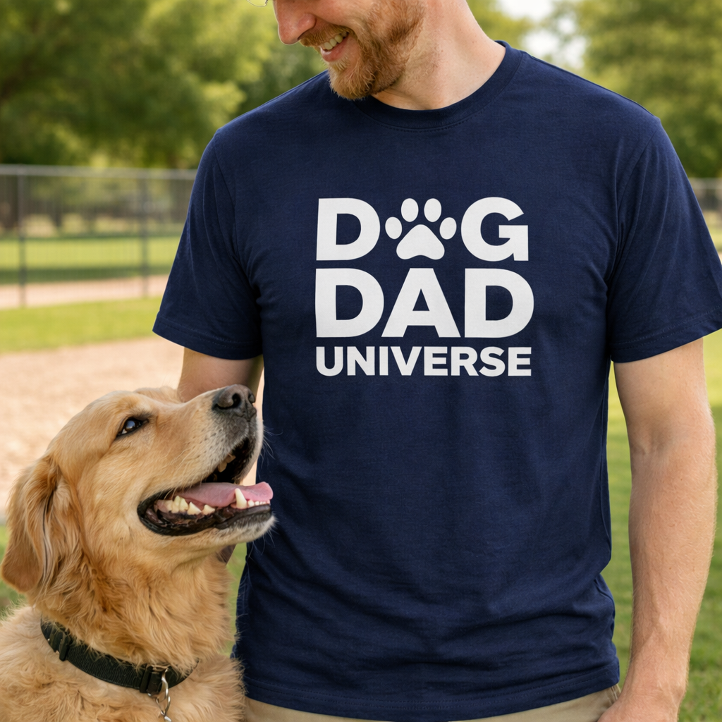 Dog Dad Universe T-Shirt — Funny Paw Print Men’s Tee for Dog Lovers