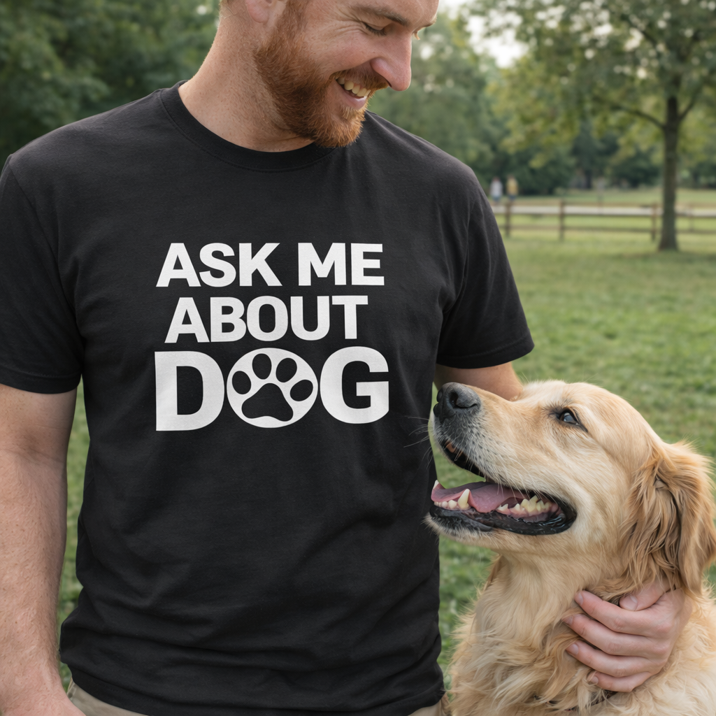 Ask Me About Dog T-Shirt — Funny Dog Lover Tee with Paw Print