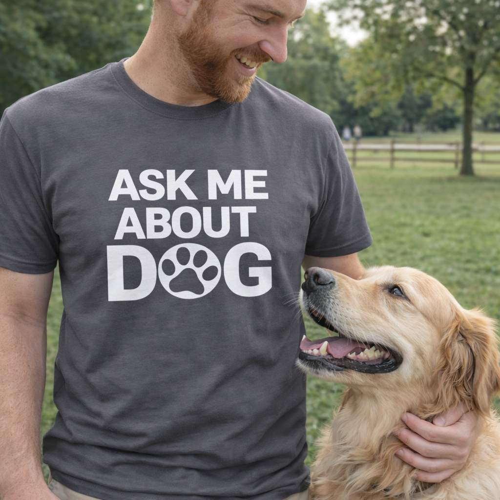 Ask Me About Dog T-Shirt — Funny Dog Lover Tee with Paw Print